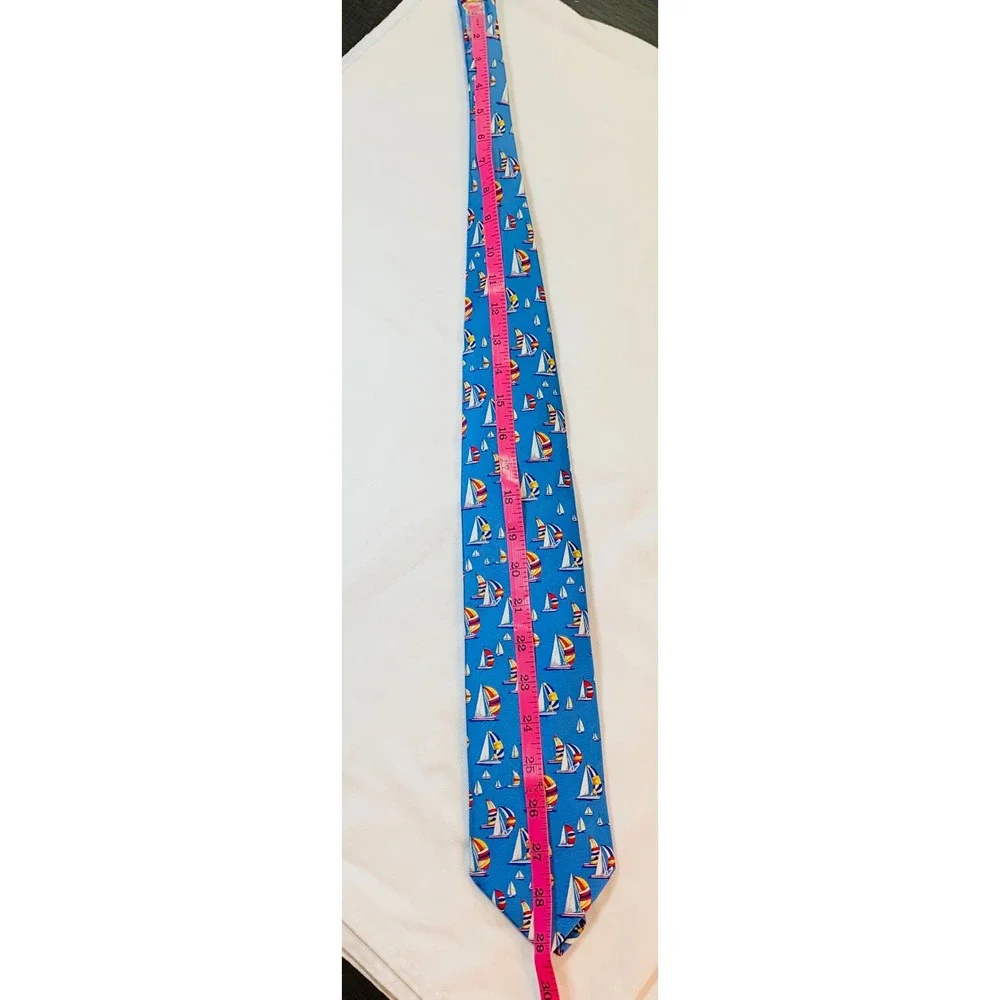 Serry's Blue Silk Necktie Sailboat Pattern Nautical Menswear Fashion Tie Hanover